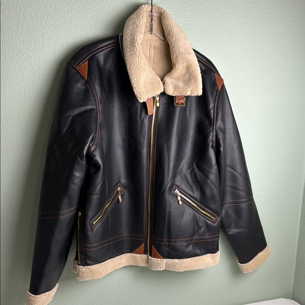 Men's Black and Brown Shearling Leather Jacket